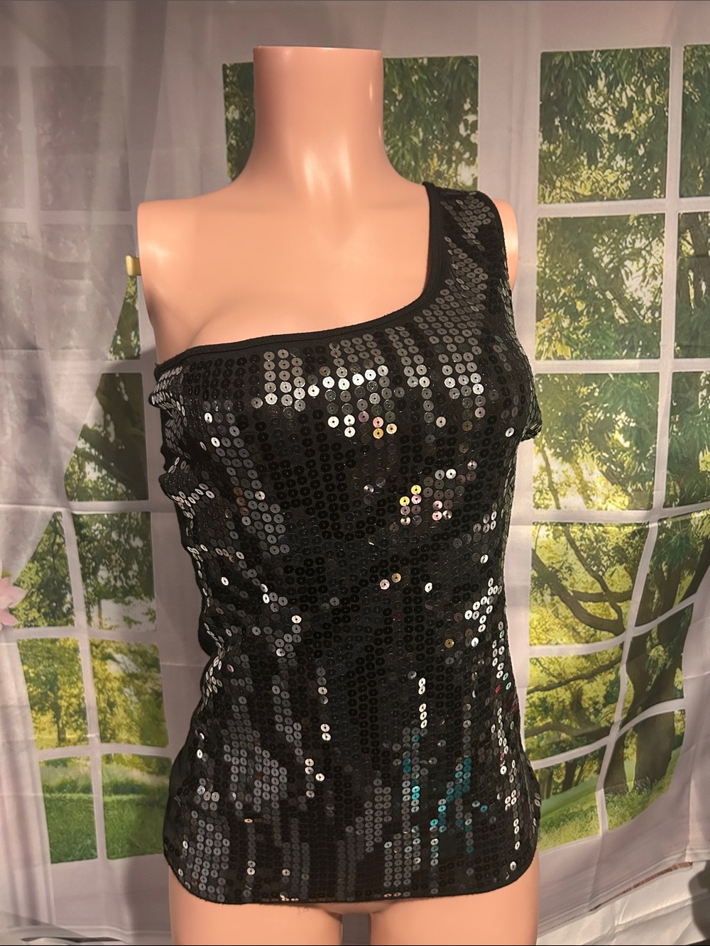 Women's One-Shoulder Black Sequin Dress Top